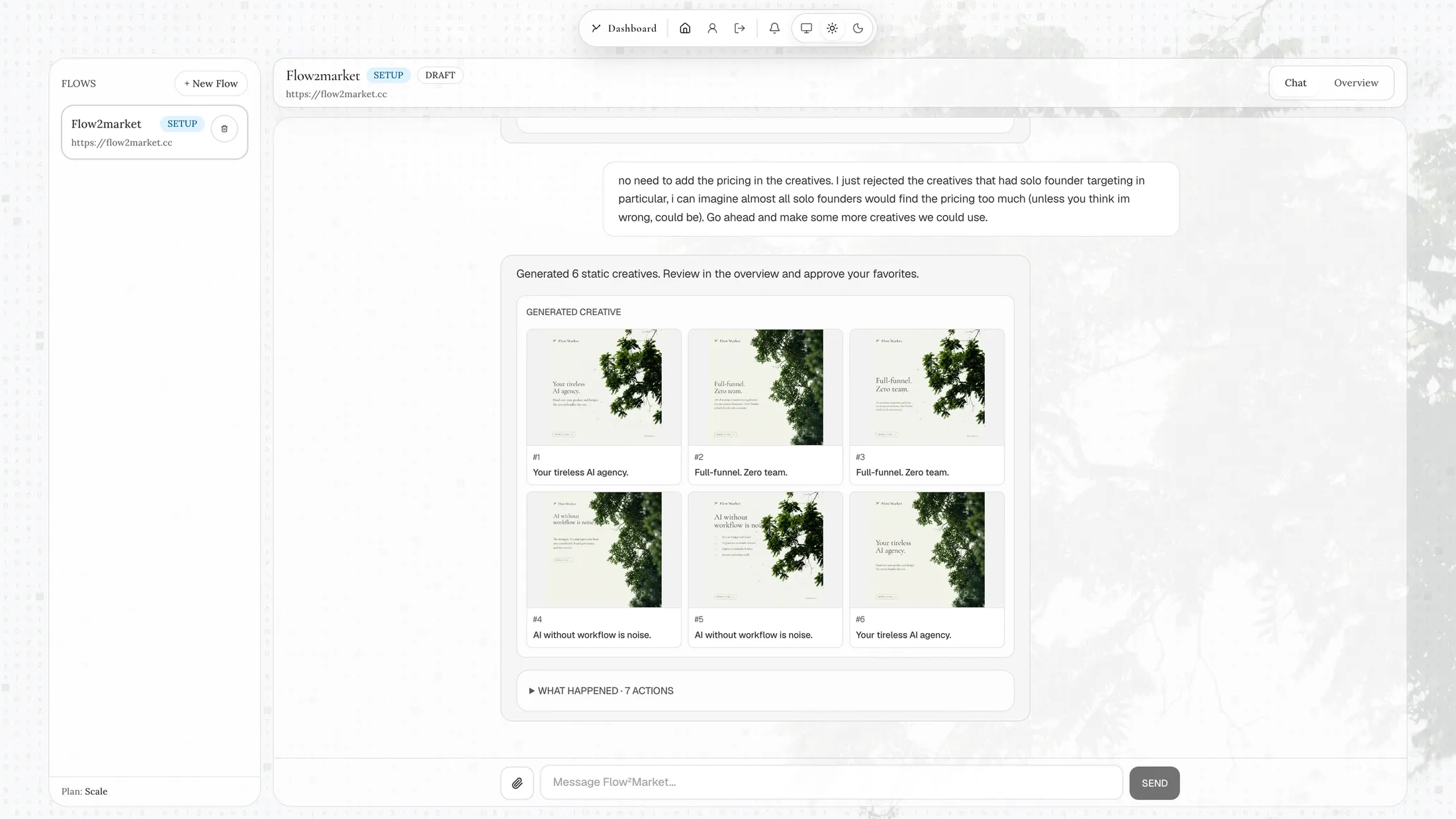 Flow²Market chat interface in light mode